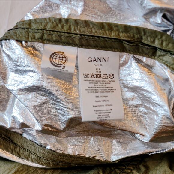 GANNI Nylon Olive & Silver Metallic Full Maxi Skirt Size EU 34 Logo Snap Closure - Picture 6 of 6